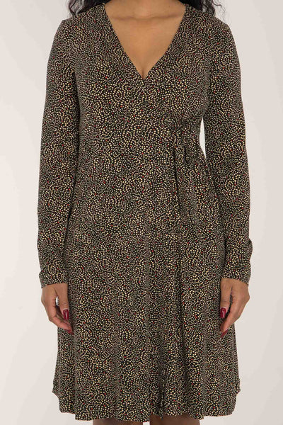 Loose fit printed short wrap jersey dress - Black - Knälång, mönstrad omlottklänning i trikå