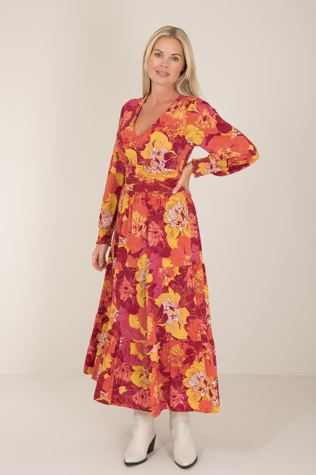 Marigold midi jersey dress - Brown terracotta - Mönstrad vadlång trikåklänning