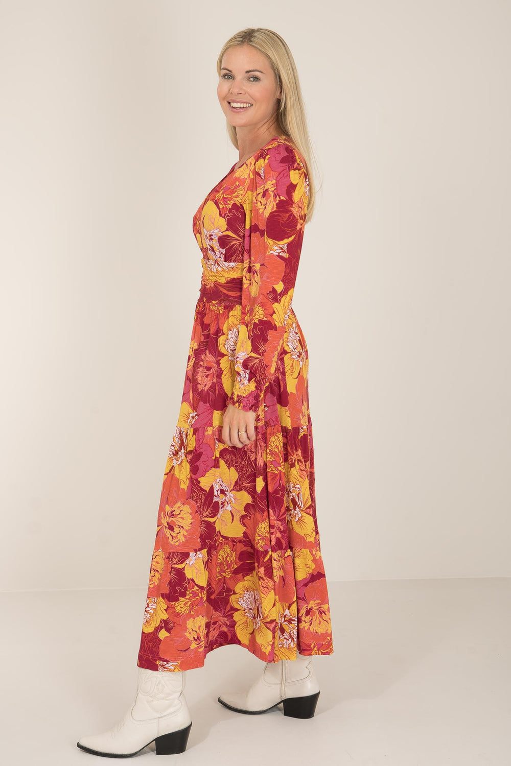 Marigold midi jersey dress - Brown terracotta - Mönstrad vadlång trikåklänning