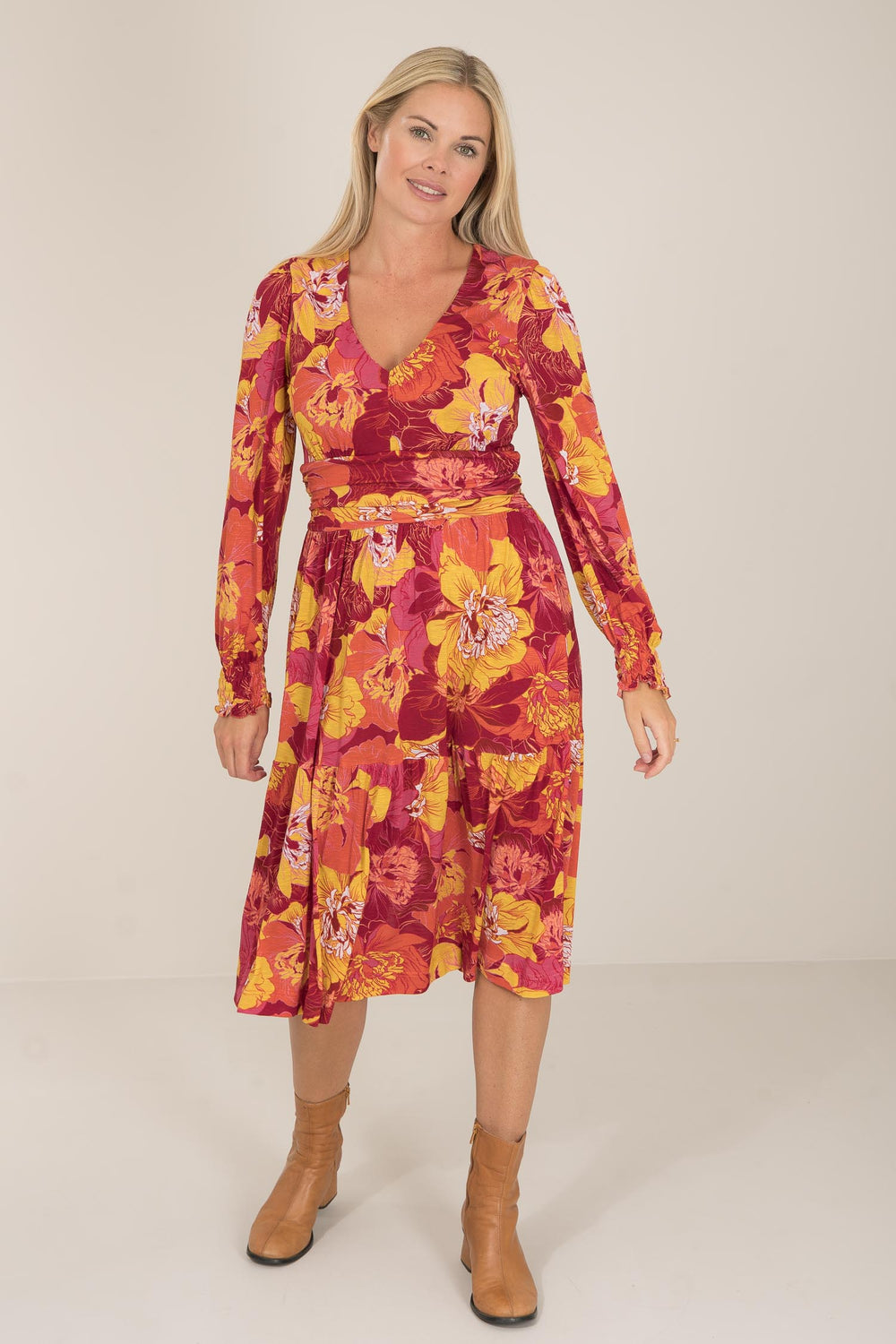 Marigold short jersey dress - Brown terracotta - Mönstrad knälång trikåklänning