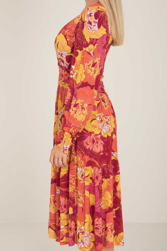 Marigold short jersey dress - Brown terracotta - Mönstrad knälång trikåklänning