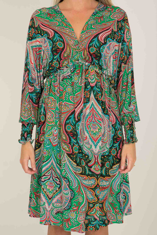 Bianca loose fit jersey dress - Green - Knälång paisleymönstrad klänning i trikå