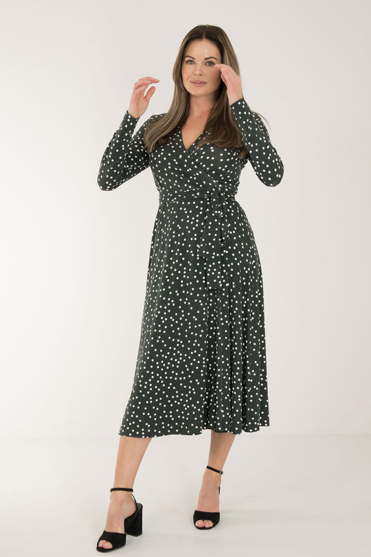 Bestie printed midi wrap jersey dress - Dark green dot