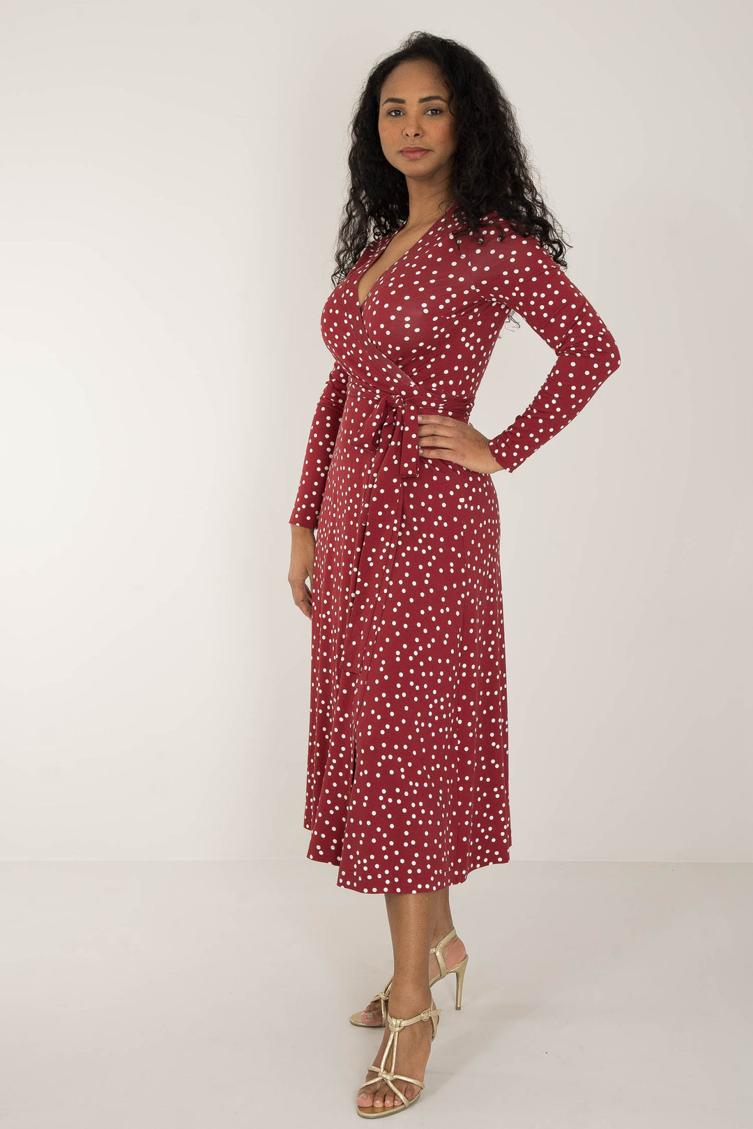 Bestie printed midi wrap jersey dress - Dark red dot