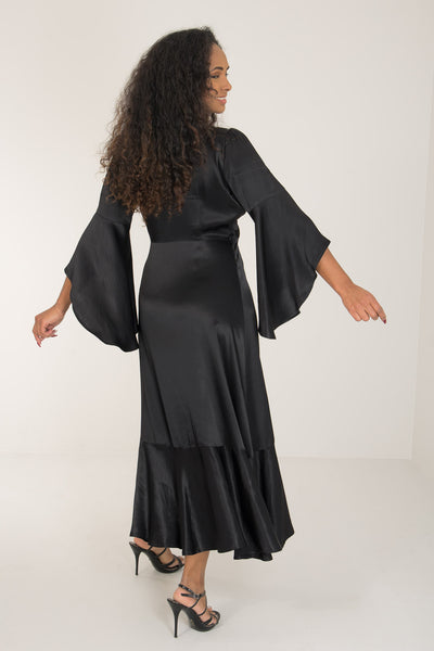 Satin viscose frill wrap mid dress - Jet black - Svart, vadlång omlottklänning