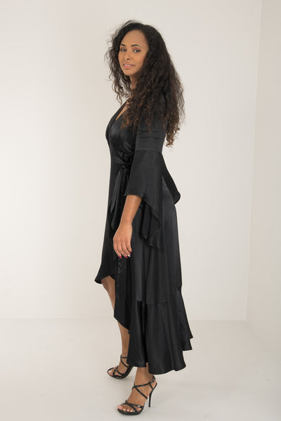 Satin viscose frill wrap mid dress - Jet black - Svart, vadlång omlottklänning