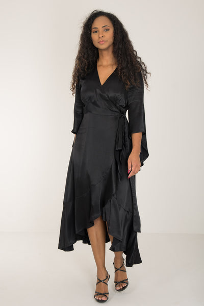 Satin viscose frill wrap mid dress - Jet black - Svart, vadlång omlottklänning