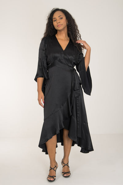 Satin viscose frill wrap mid dress - Jet black - Svart, vadlång omlottklänning
