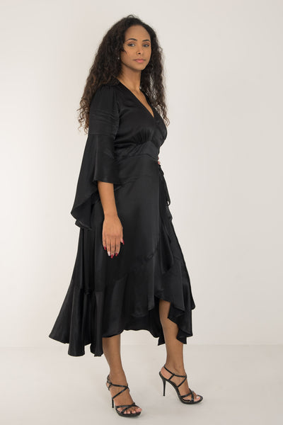 Satin viscose frill wrap mid dress - Jet black - Svart, vadlång omlottklänning