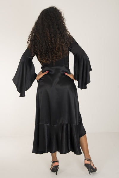 Satin viscose frill wrap mid dress - Jet black - Svart, vadlång omlottklänning