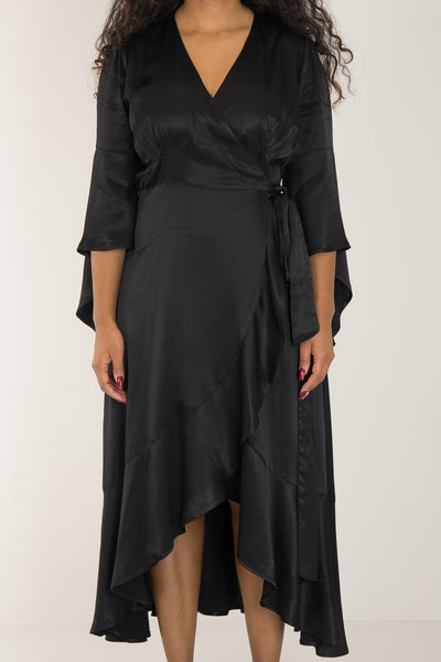 Satin viscose frill wrap mid dress - Jet black - Svart, vadlång omlottklänning