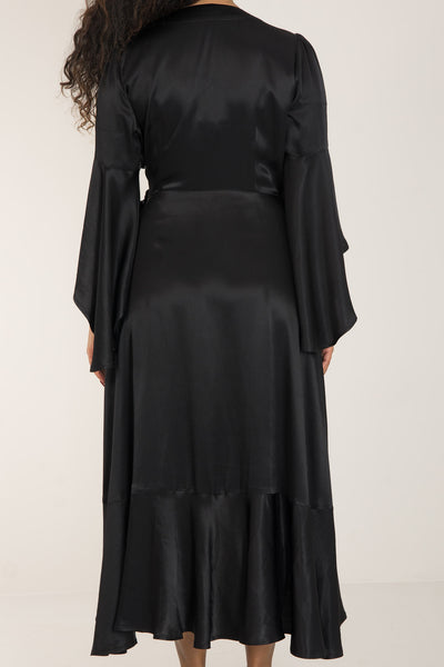 Satin viscose frill wrap mid dress - Jet black - Svart, vadlång omlottklänning