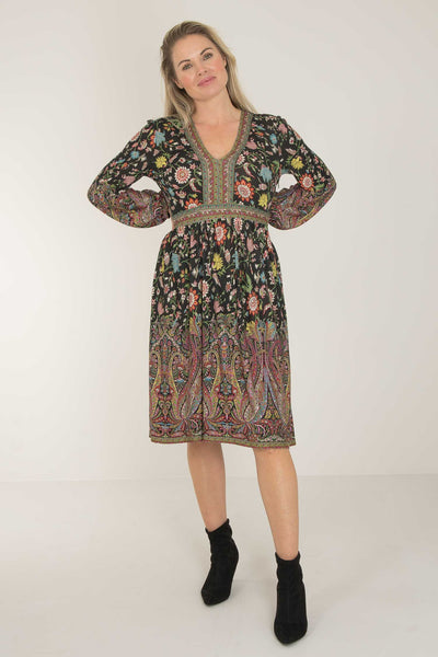 Pure boho jersey short dress - Black paisley - Mönstrad knälång klänning