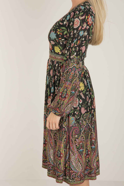 Pure boho jersey short dress - Black paisley - Mönstrad knälång klänning