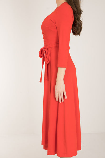 Bestie midi wrap jersey dress - Bright red - Vadlång, klarröd omlottklänning i trikå