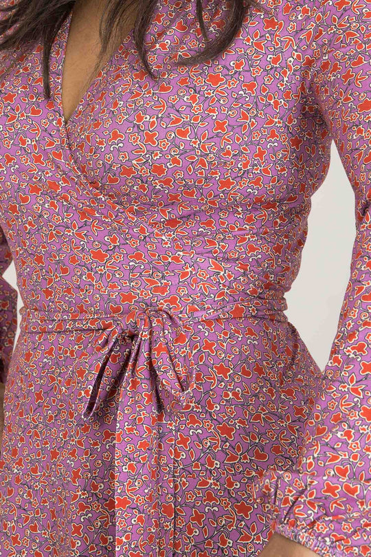 Puff sleeve printed short wrap jersey dress - Pink flower - Knälång omlottklänning i trikå