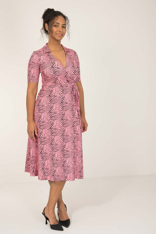 Collar wrap midi jersey dress - Pink - Rosa, vadlång omlottklänning med krage