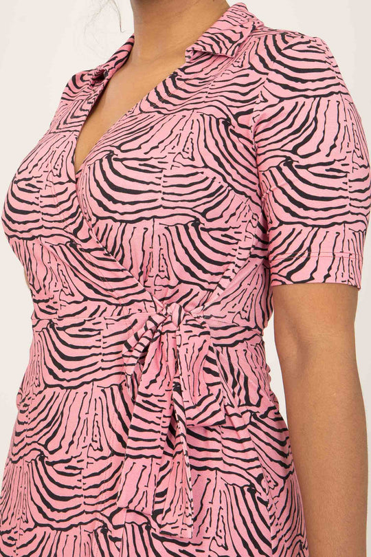 Collar wrap midi jersey dress - Pink - Rosa, vadlång omlottklänning med krage