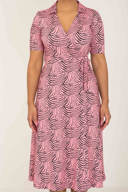 Collar wrap midi jersey dress - Pink - Rosa, vadlång omlottklänning med krage