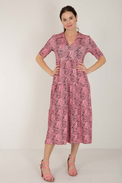 Forever mine collar midi jersey dress - Pink - Rosamönstrad, vadlång klänning med krage