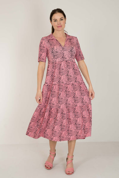 Forever mine collar midi jersey dress - Pink - Rosamönstrad, vadlång klänning med krage