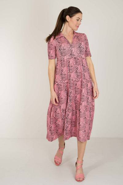 Forever mine collar midi jersey dress - Pink - Rosamönstrad, vadlång klänning med krage