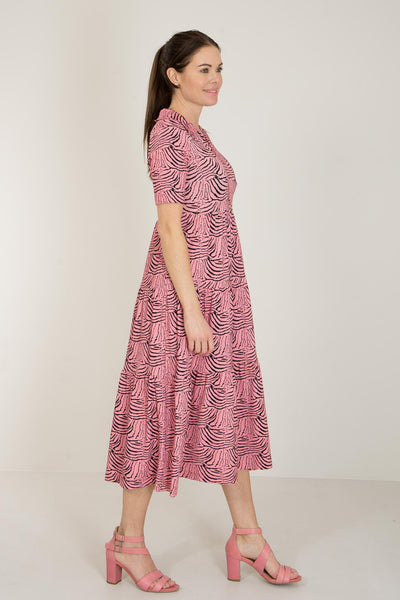 Forever mine collar midi jersey dress - Pink - Rosamönstrad, vadlång klänning med krage