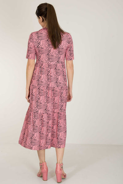 Forever mine collar midi jersey dress - Pink - Rosamönstrad, vadlång klänning med krage