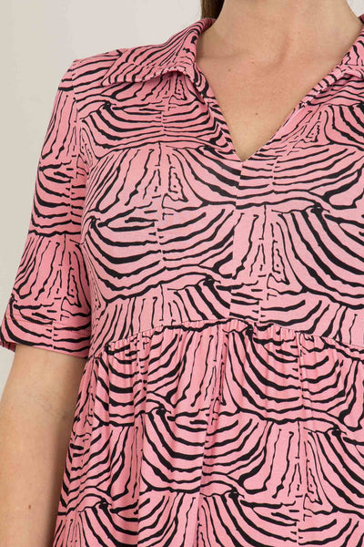 Forever mine collar midi jersey dress - Pink - Rosamönstrad, vadlång klänning med krage