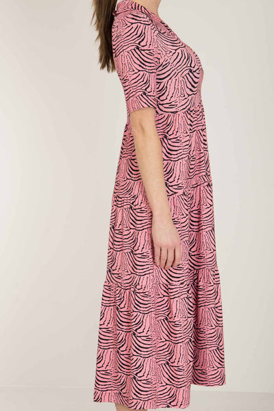 Forever mine collar midi jersey dress - Pink - Rosamönstrad, vadlång klänning med krage
