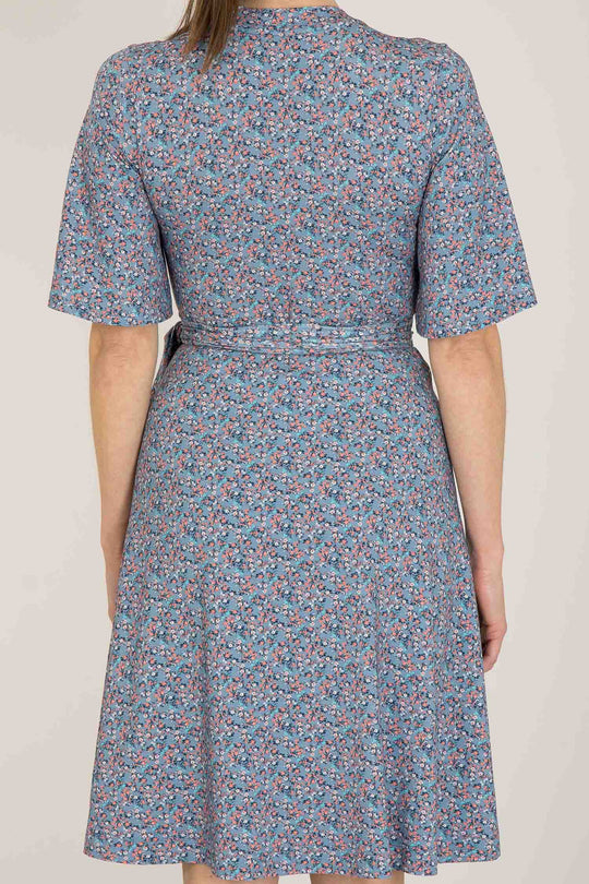 Bestie bell sleeve short wrap jersey dress - Blue - Blommig, knälång omlottklänning i trikå