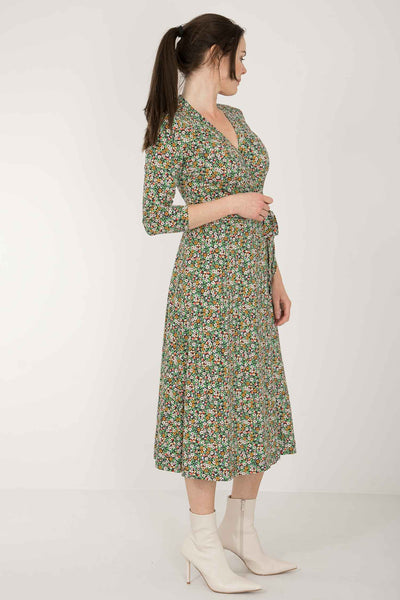 Bestie printed midi wrap jersey dress - Green flower - Vadlång, blommönstrad omlottklänning i trikå