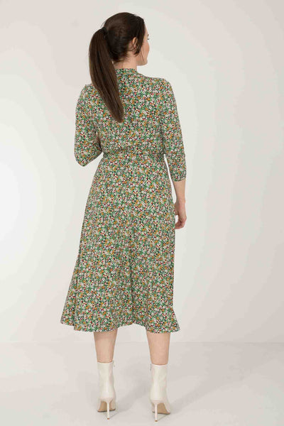 Bestie printed midi wrap jersey dress - Green flower - Vadlång, blommönstrad omlottklänning i trikå