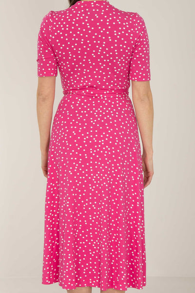 Bestie printed midi wrap jersey dress - Pink dot - Prickig, vadlång omlottklänning i trikå