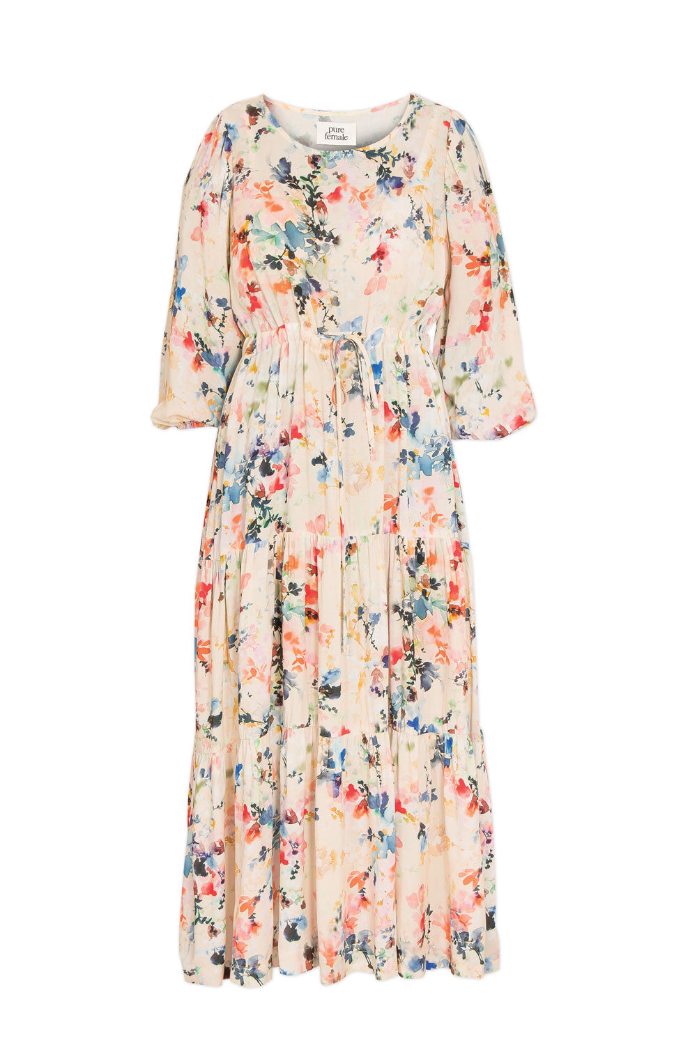 Fuzzy flower long dress - Multi palette - Mönstrad lång klänning med dragsko