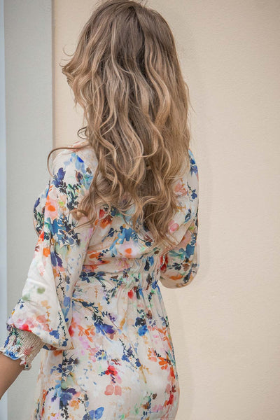 Fuzzy flower short dress - Multi palette - Mönstrad kort klänning med elastisk smock