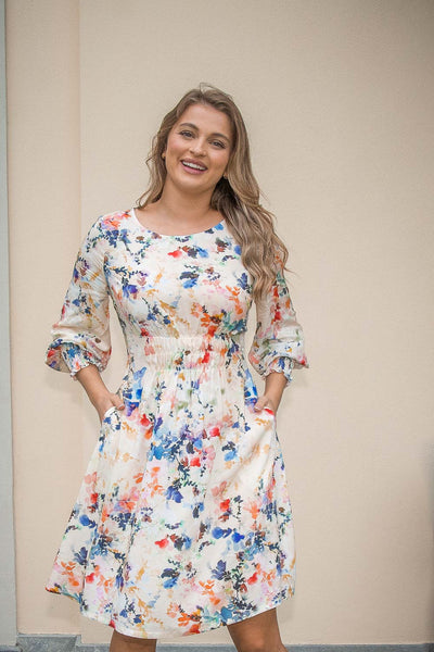 Fuzzy flower short dress - Multi palette - Mönstrad kort klänning med elastisk smock