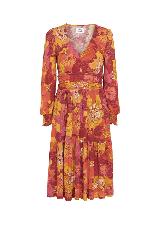 Marigold short jersey dress - Brown terracotta - Mönstrad knälång trikåklänning