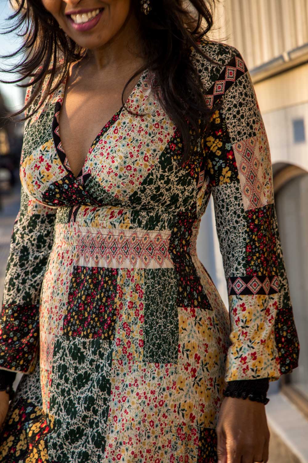 My smocked jersey midi dress - Patchwork - Mönstrad vadlång trikåklänning med smock