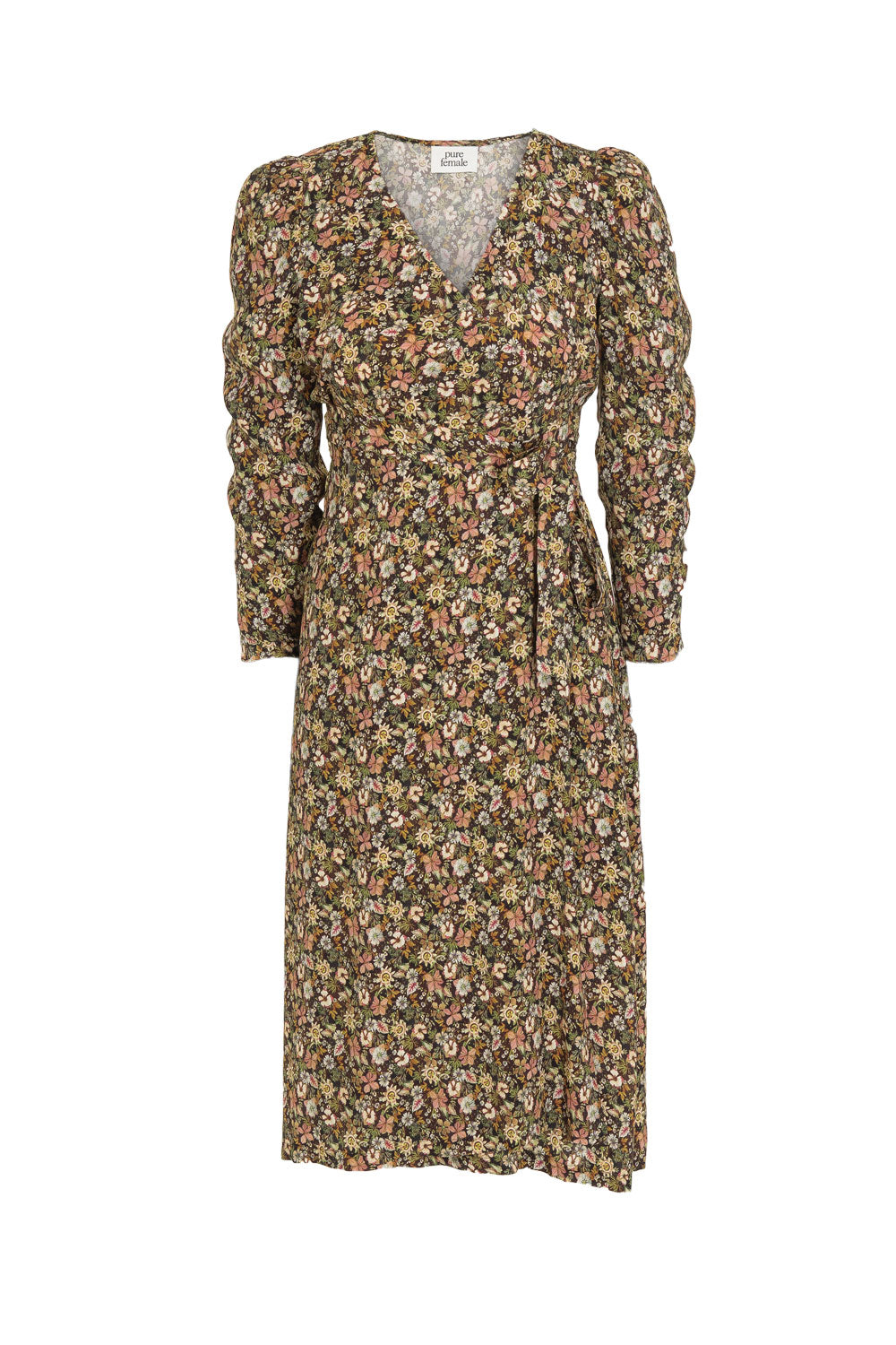 Wrapped in my winter garden midi dress - Brown - Blommig, vadlång omlottklänning i cupro