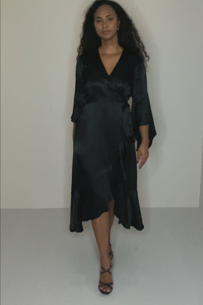Satin viscose frill wrap mid dress - Jet black - Svart, vadlång omlottklänning